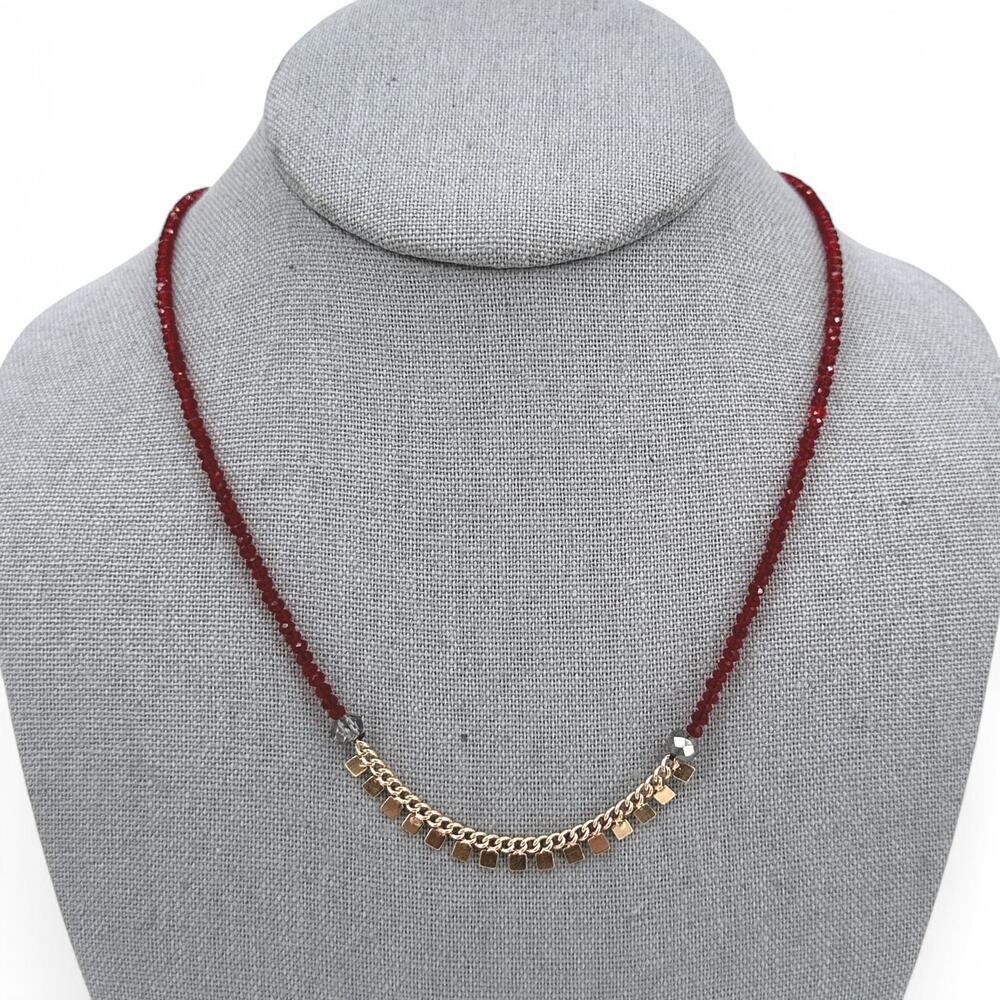 Flirt Beaded Necklace Small Deep Red Faceted Beads Gold Tone 19 Inch